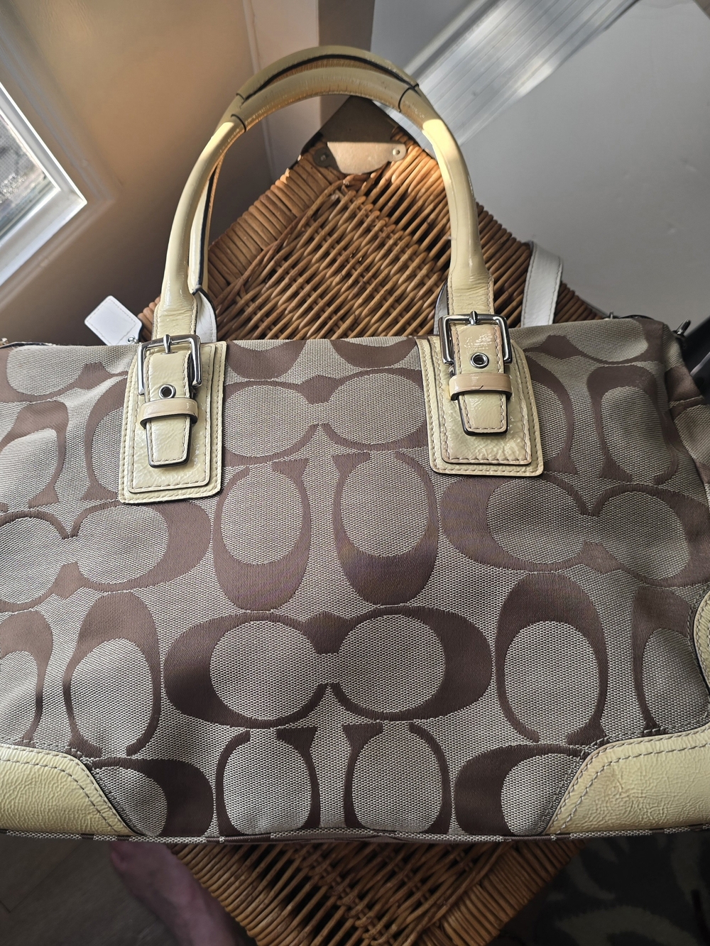 Vintage Coach Signature Canvas and Leather Shoulder Bag - Beige, Lemon & Brown